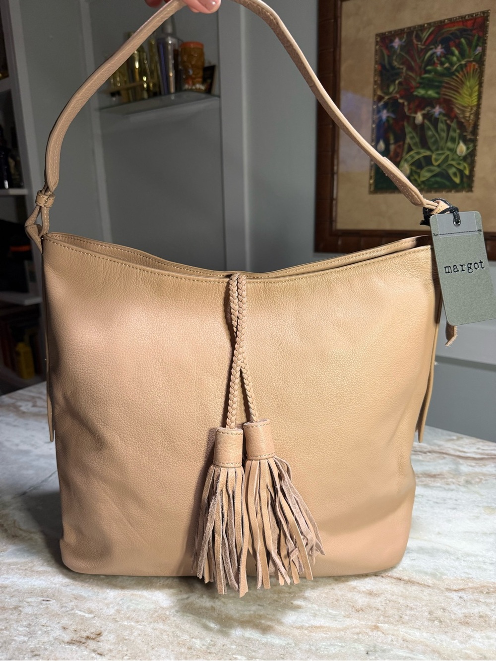 NWT MARGOT Beige Leather Hobo with Braided Tassels